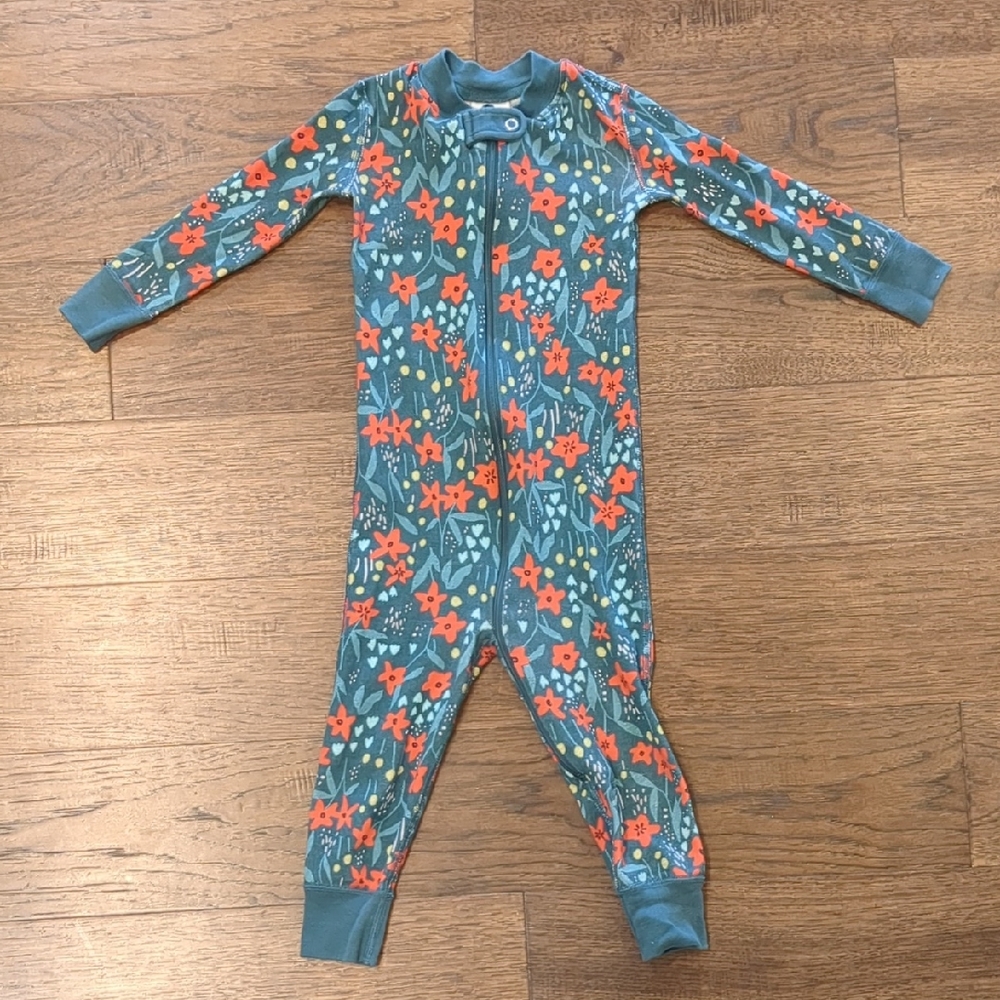 Hanna Andersson Teal Footie Pajamas with Orange Floral Print